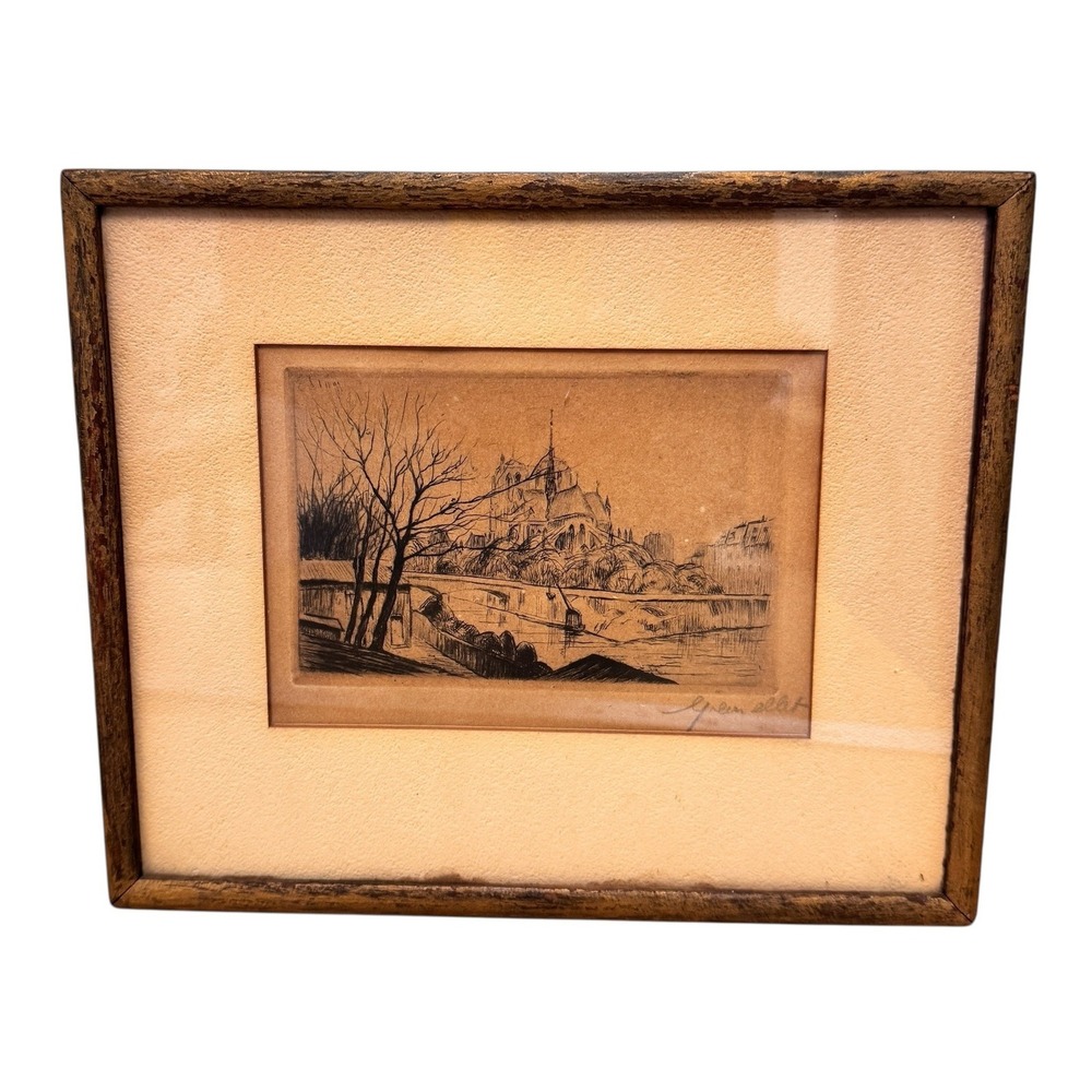 George Gremillet Signed Paris Notre Dame Etching Ink Sketch Frame 9.5x8 Vintage